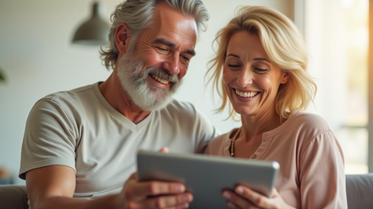 Two diverse adults, mid-30s to 50s, smiling thoughtfully while looking at a tablet together, suggesting collaboration and shared wellness journey.