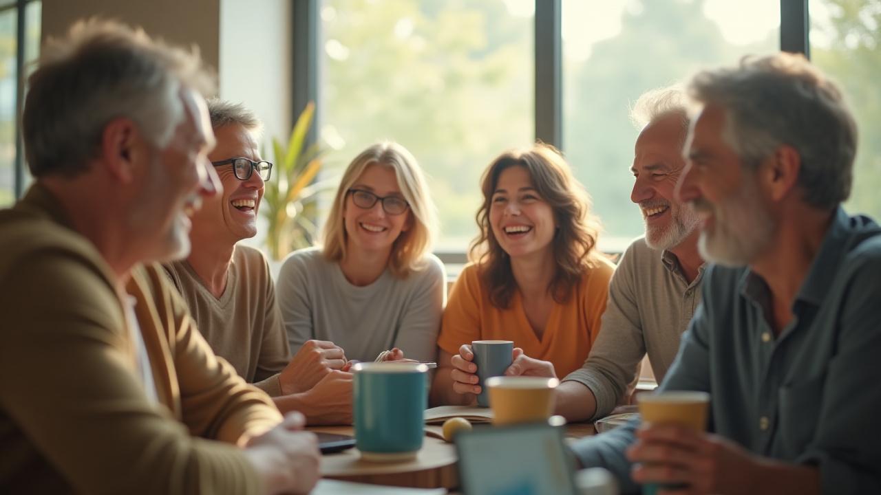 Diverse group of adults smiling and engaging in discussion, signifying community and connection