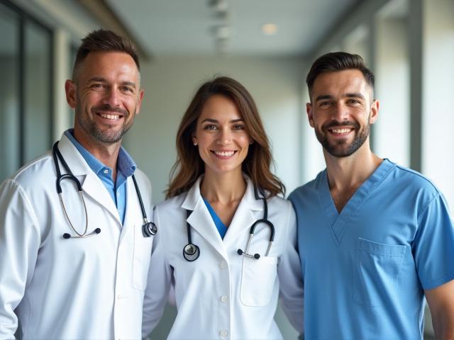 Smiling group of diverse health experts, doctor, nutritionist, and physical therapist.