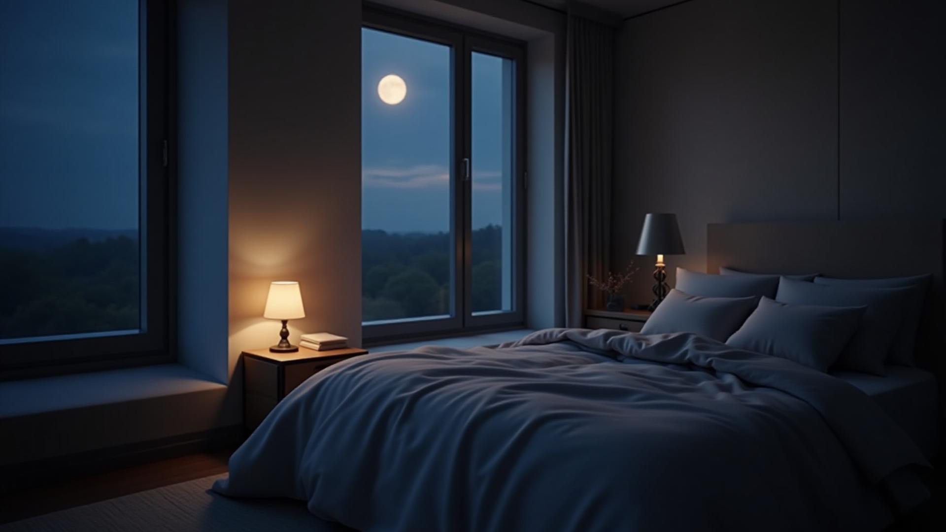 Serene bedroom with soft, dappled moonlight filtering through the window, indicating deep, restorative sleep.