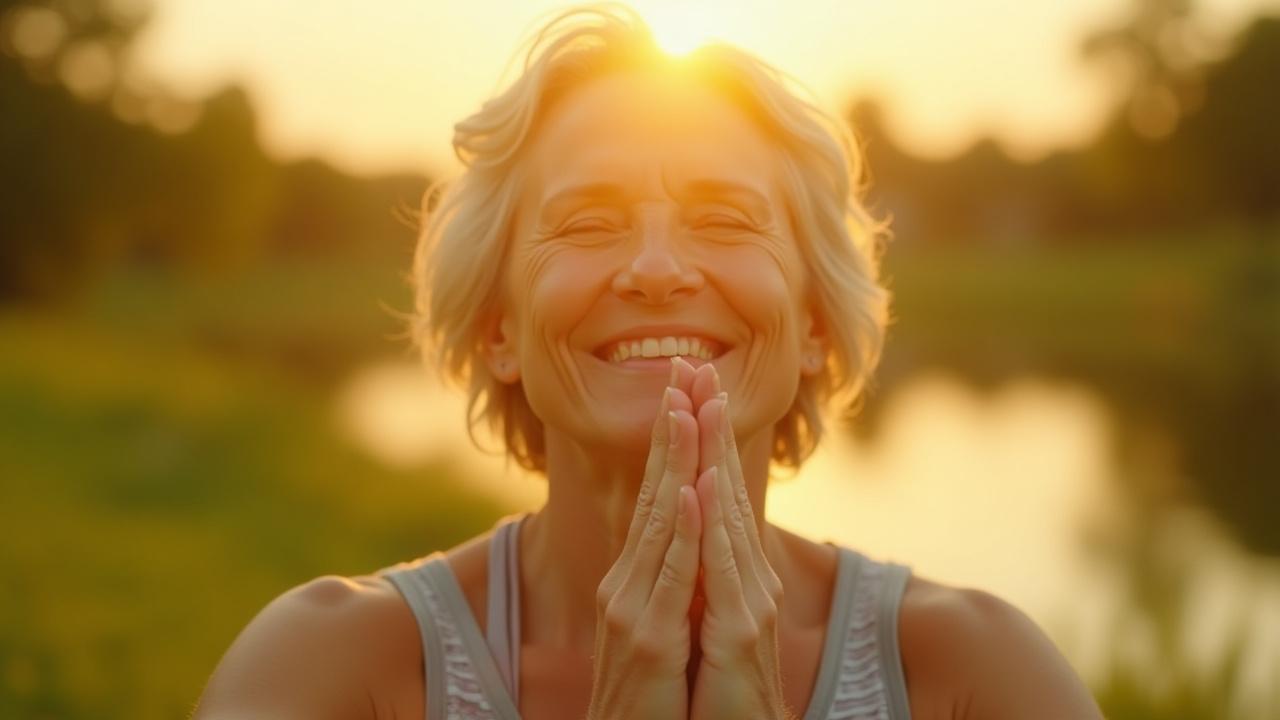 Joyful woman in her 50s practicing gentle yoga outdoors at sunrise, embodying vitality and peace.