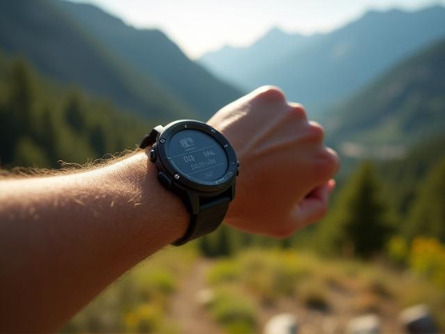 A high-end Garmin Fenix multisport watch on a trail runner's wrist.