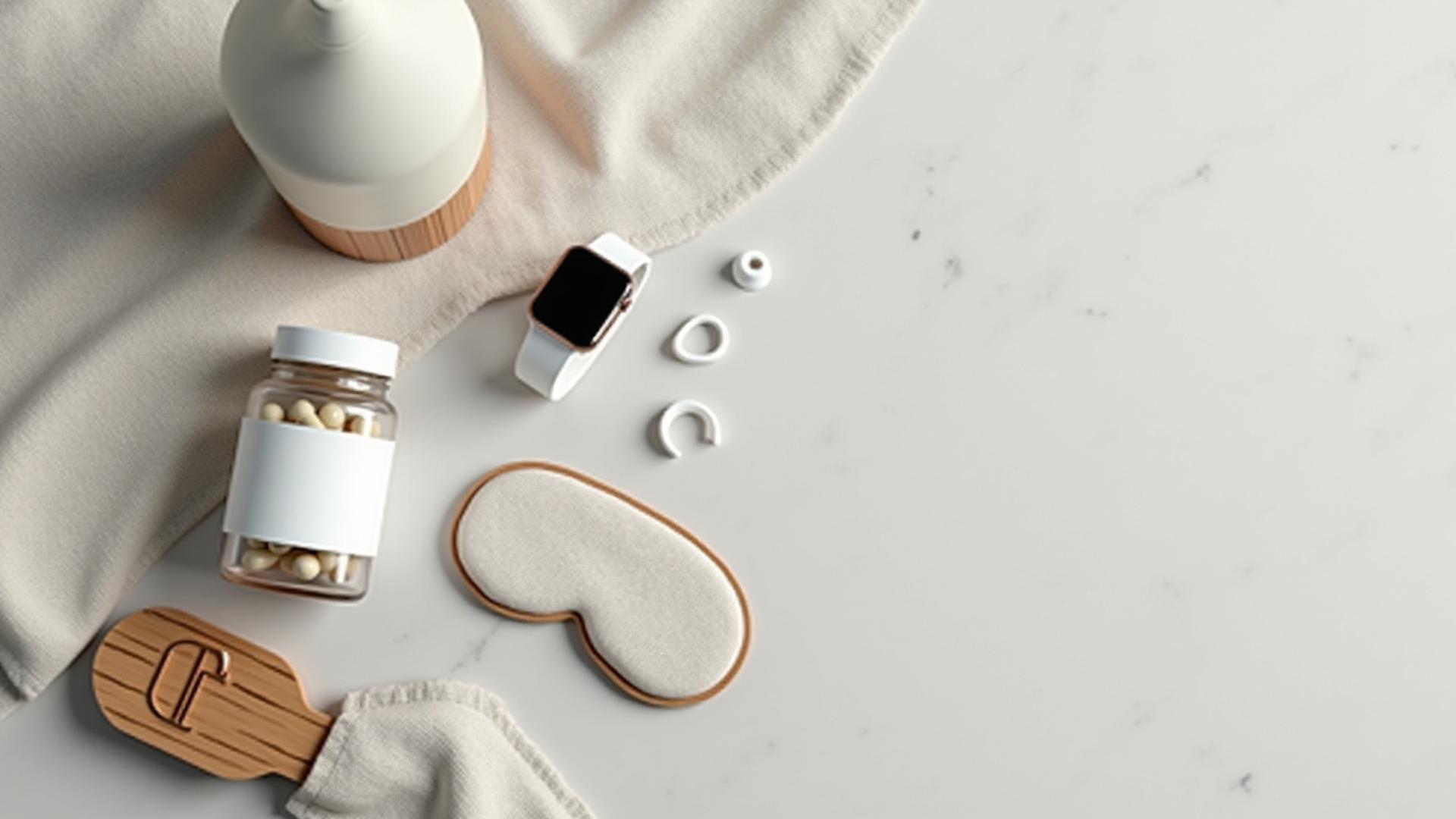 A curated flat lay of elegant wellness products including natural supplements, a minimalist wearable, and eco-friendly packaging.