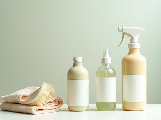 Eco-friendly cleaning product bottles and cloths on a kitchen counter.