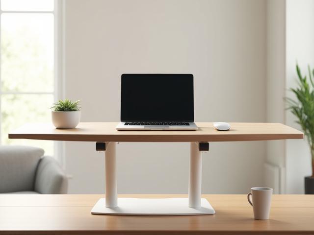 A modern adjustable standing desk with a laptop and ergonomic accessories.